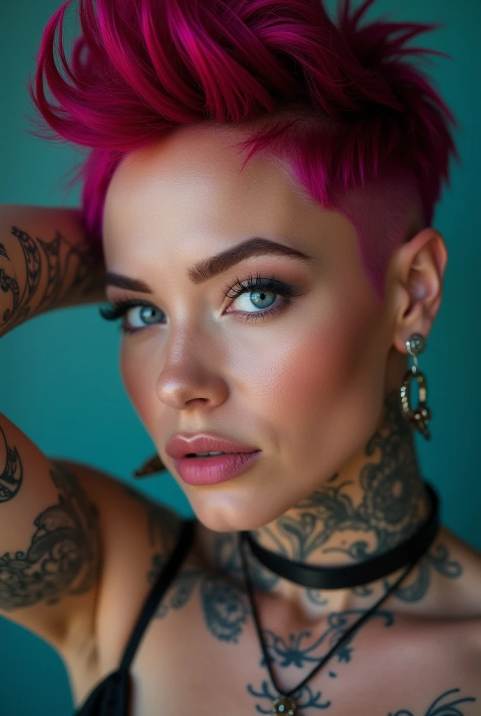 guatemaltecan woman with red hair and piercings posing for a picture, short magenta hair, magenta short hair, pixie cut with shaved side hair, shaved sides, hairstyle red mohawk, cute girl with short magenta hair, pixie undercut hairstyle, with short hair, jaw dropping beauty, strong magenta  hue, red hair and attractive features, black pixie undercut haircut, blue grey eyes