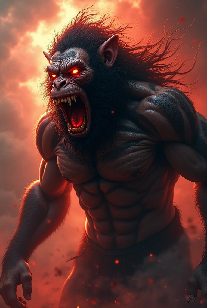 (highest quality,4K,8k,High resolution,masterpiece:1.2),Very detailed,(Realistic,photoRealistic,photo-Realistic:1.37),Mythical monster,Beast-like creature,Muscular,Six big legs,Stand like a gorilla,Red fur covering the body,two big horns,Drill teeth,Sharp Claws,Huge shape,Burning Fire Magic,Energy aura,A threatening presence,Glowing Eyes,Intimidating posture,Dark Environment,Smoke-filled air,Ominous Shadow,Majestic and fierce,Explosive power,Vibrant colors,bold,Horror art style,moving composition,Dramatic lighting,rib layer,large sharp teeth,Sharp Edges,Very detailedスケール,Burning Crack,Burning Flames,Furious expression,Burning with anger,Surrounded by sparks and embers