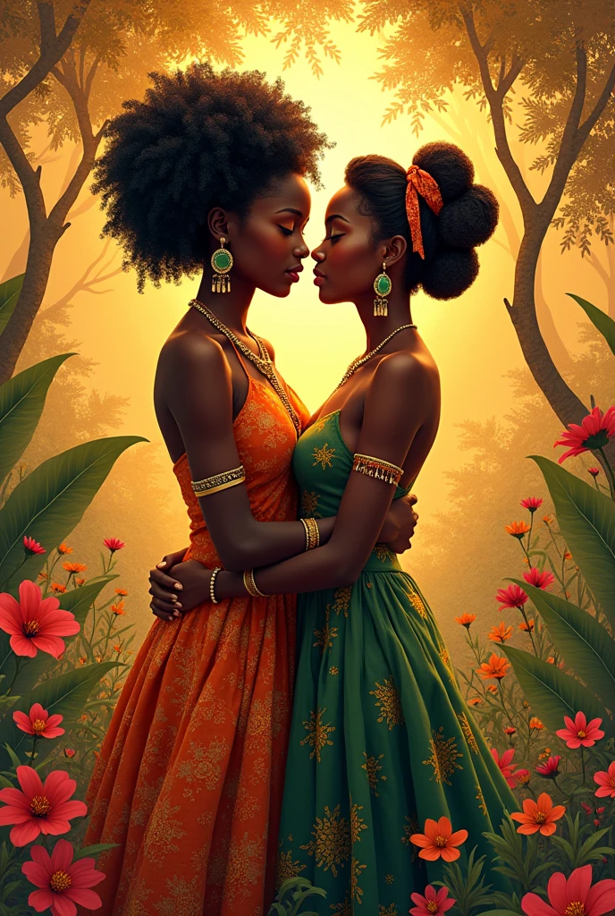 Lesbian couple black women hugging kissing. African clothing
