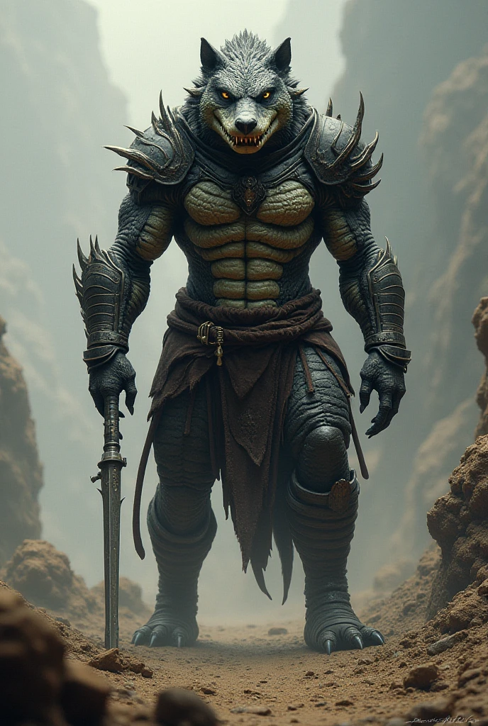 Create a warrior-style man with a lizard, new species mutated into man, strong character, kind and a little rough,with warrior armor but with the properties of the skin of a lizard leiolepis rigovantrii. With a face with more human features