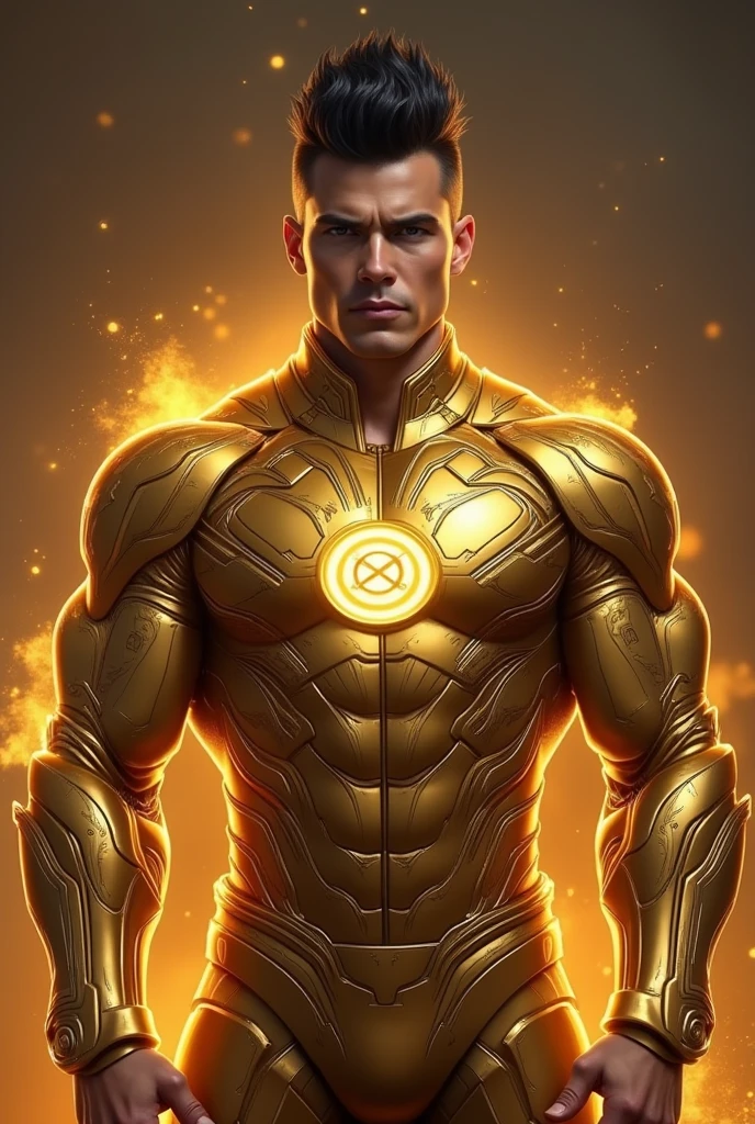 male superhero with the power of sun with golden Marron colour costume with a little touch of green with round chest logo