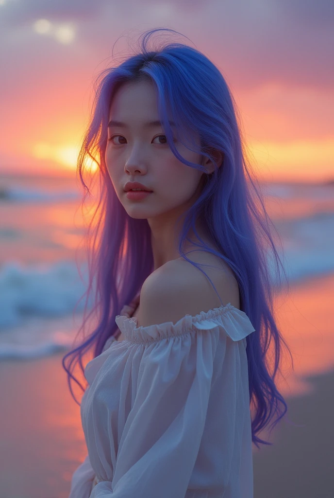 Tall, thin girl with long hair in purple and lilac tones with lilac eyes and a camera in her hand with a beach at night in the background 