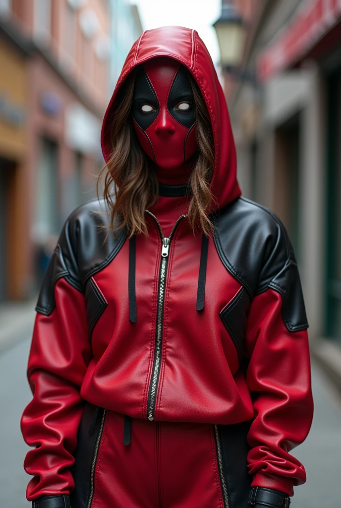 Woman with Deadpool mask half mask sweatshirt and panties