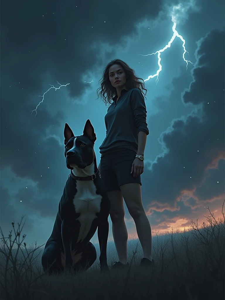 1.  puberty 2. skin test very white skin 2. Long wavy brown hair 3. Light brown eyes 6. Big hips 7. He is wearing black shorts 10. Black jacket and a turquoise blouse 11. His power is the lightning that comes out of his hands 12. It has to be full body 13. Wear black boots 17. It has to be in realistic manga version 18. Blue fire comes out of his feet 19. Next to him is a black and white husky dog

