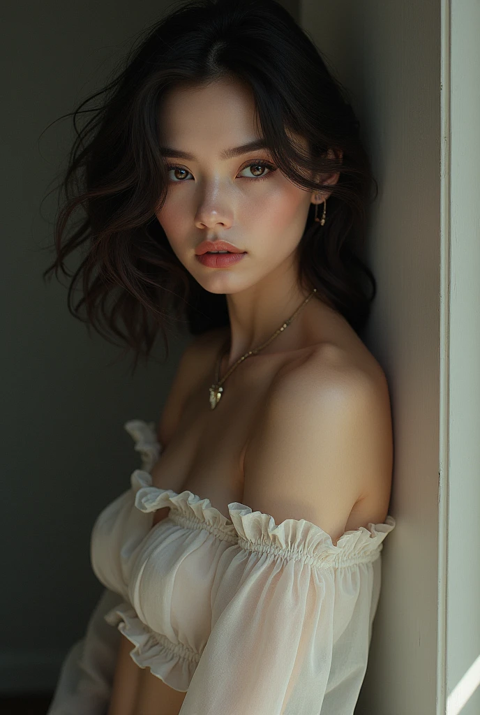 RAW photo, best quality, masterpiece, photorealistic, Polish girl, 20 years old, black hair, Light grey eyes, short bob cut, hair in 7 thirds, hair over one ear, Symmetrical eyes, pale skin, Big Breasts, rip gloss, Gel Nails, Accessories, various poses, s