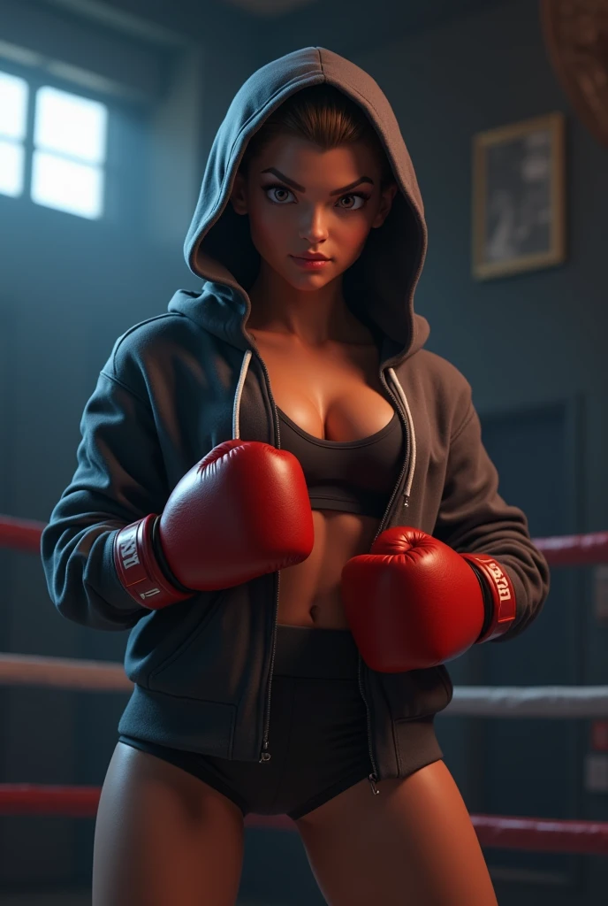 Fille de boxe aux cheveux courts debout dans le ring