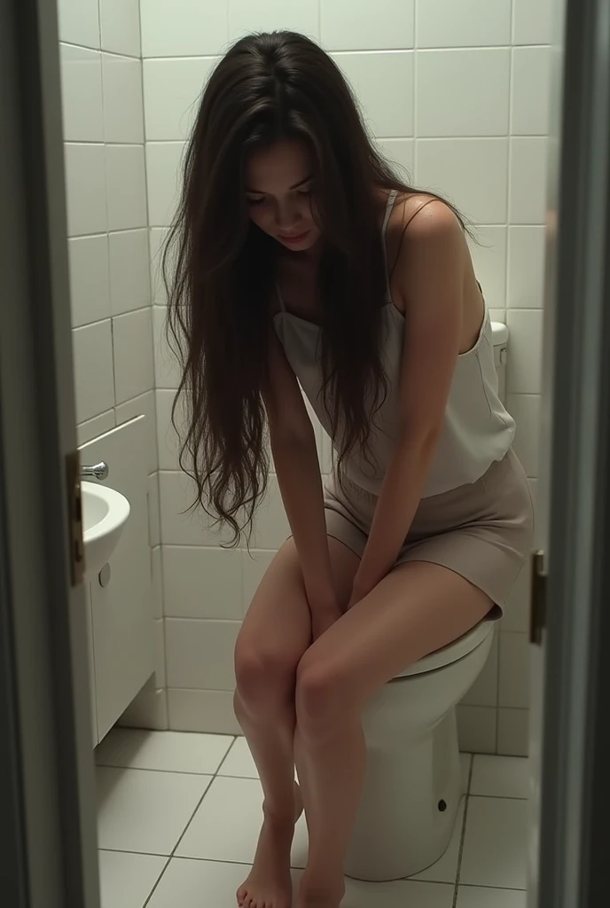 A naked girl using the toilet