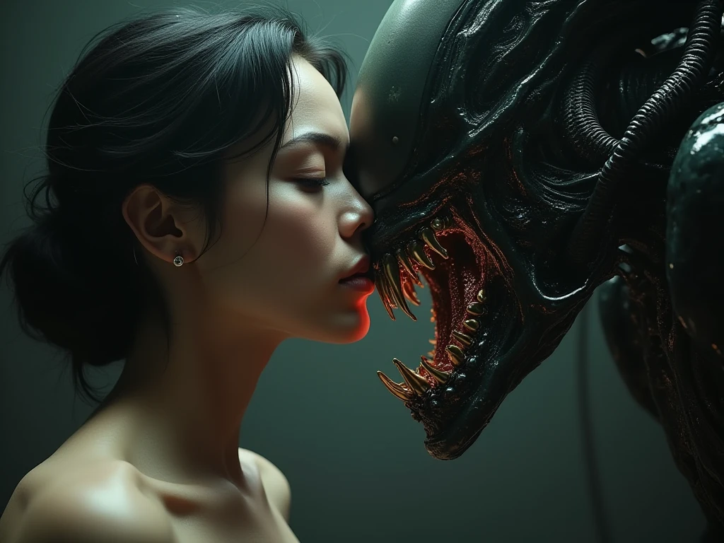 Close-up of a woman with scary expressions and an alien in front of her face looking to her with its black shining big head and its clear liquid comes out from its mouth that opened. Dark background with views like in a damage spaceship with red light that shine as an emergency alarm. Sci-fi, very-detailed, hyper-sharp, hyper-realistic, surrealism.