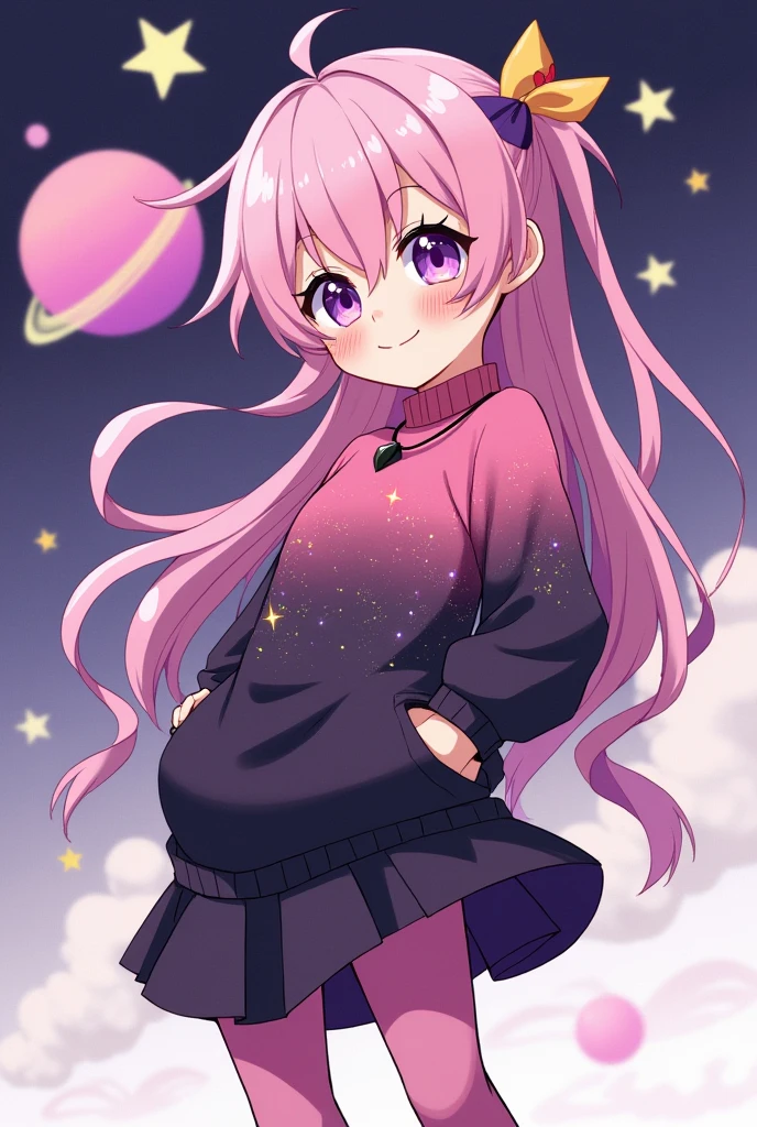 A short, effeminate boy with long hair, in his eyes you can see galaxies and stars, he has a pink and black sweater imitating galaxies, his hair is pink with purple, he wears a long skirt, his butt is very big and can be seen in the skirt, he has a happy smile, he has a necklace with a black diamond, he has long pink stockings, he has bracelets with yellow and red stars, he is slightly blushing, behind him there is a star split in half and in the background there is a pink and purple planet.