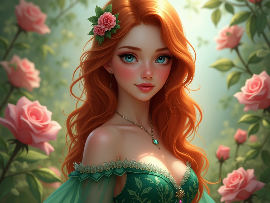 beautiful, adult, redhead, side part hairstyle, dark green eyes, pink roses, dress, fantasy