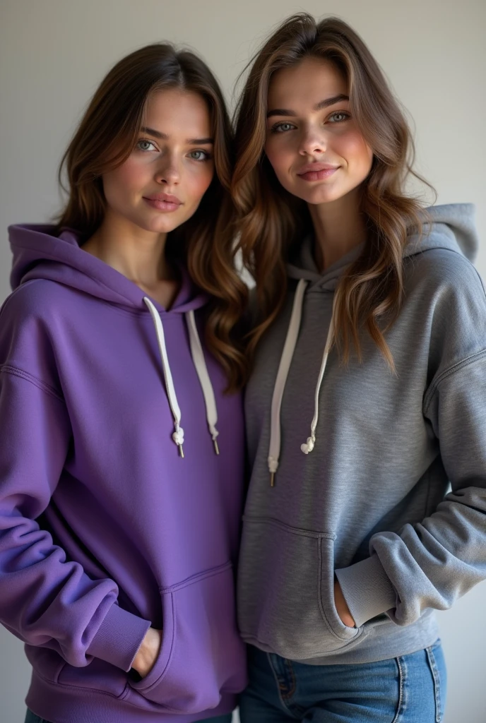 two women, hoodie dresses, plain white hoodies, adults, side-by-side, long hoodie, knee length hoodie, white opaque tights, white minisklrt, converse allstars, slim models, very busty models, grinning