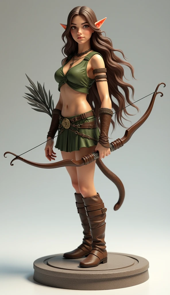 1 Black Woman、Amazon、Holding a poisonous bow and arrow、Passionate、well-muscled、Green clothes、Red flower ornament、Knitted sandals、Full-body view from head to toe、3D、8K、Three-dimensional、masterpiece、white simple background
