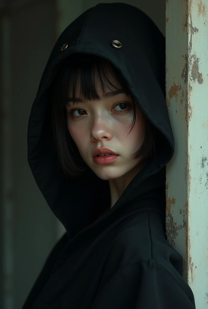 a gorgeous hijab girl in the dark scene, backlit hair, low key, dimly lit, in the dark, deep shadow, cold light, back light lamp, best quality, detailed detail, masterpiece