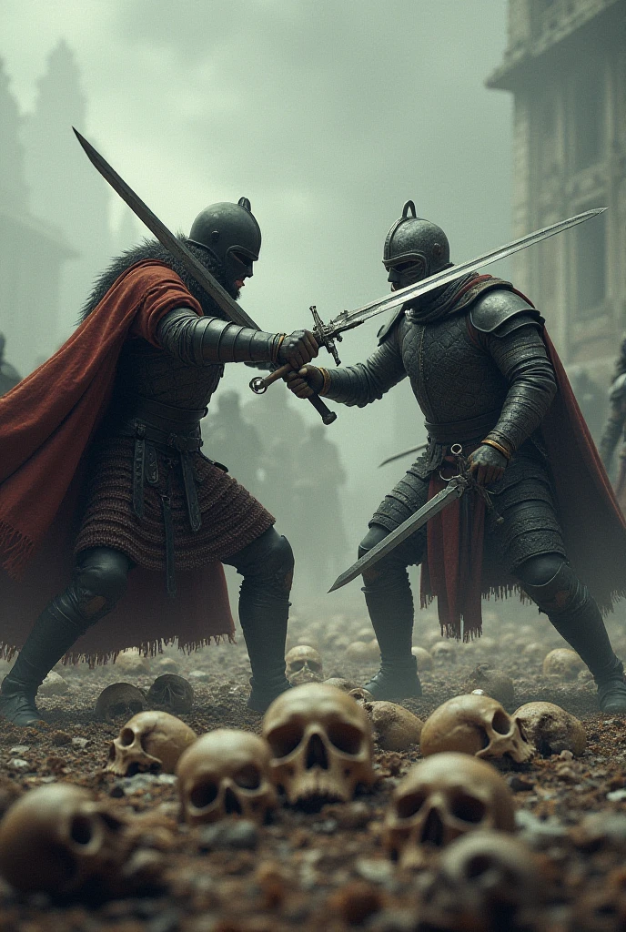 Two king’s soilders killing a huntsman near a skeleton which is laying on a forest ground