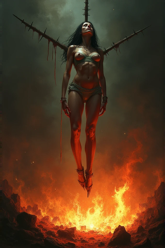 1 girl, realisitic, Raw photo, japanaese girl, (fullnude:1.9), (Beautiful and cute face:1.4), 18year old, bobhair, Black hair、Destroyed ruined city、(Crucifixion to a burning cross engulfed in flames:1.8), (Tied to a cross with barbed wire:1.5), not any dressed、(Spectator holding candle in hand:1.6)、Witch hunt、Witch trials