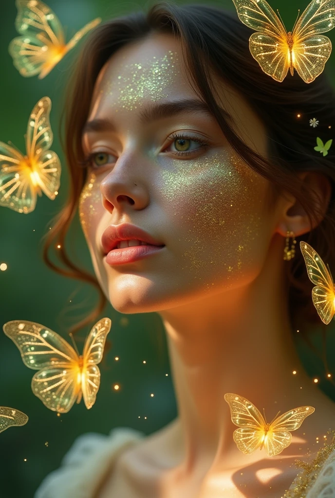 award winning portrait of topless beautiful girl looking at a backlit butterfly, bokeh, backlit, octane, unreal, epic composition