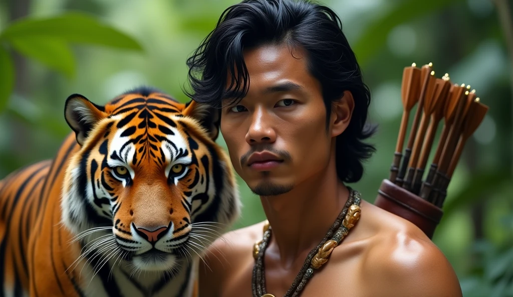 Handsome 17-year-old Korean guy. He has very dark skin and very long black hair. He is shirtless, In beige fur pants and hoof-shaped shoes. He has beautiful masculine features of a young man. He has a red heart pendant. He is hiding in the fern thicket and shooting from a bow.
Next to him is a kind black panther