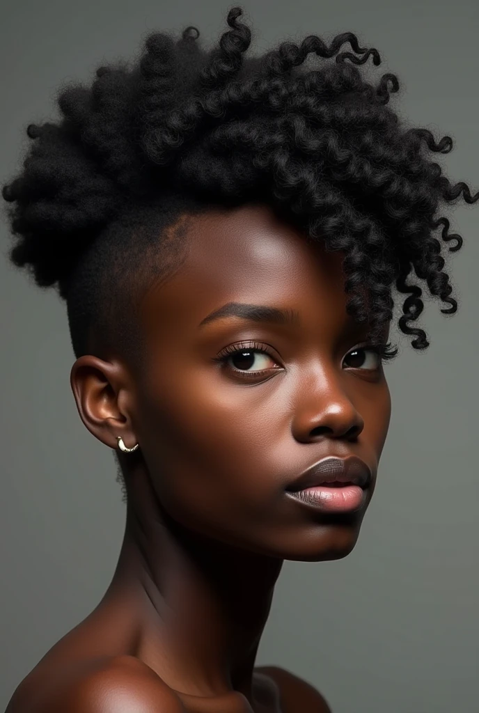 masterpiece, best quality, highly detailed, photorealistic, photo of young tall slender woman, dark skin, upper body, 8k, darkness, accent lighting, 100mm, high contrast, simple background, hands down, ((short:1.5)) curly hair, black tank top, ((shadows:1.2)), sharp focus, centered, looking at the camera, aesthetic