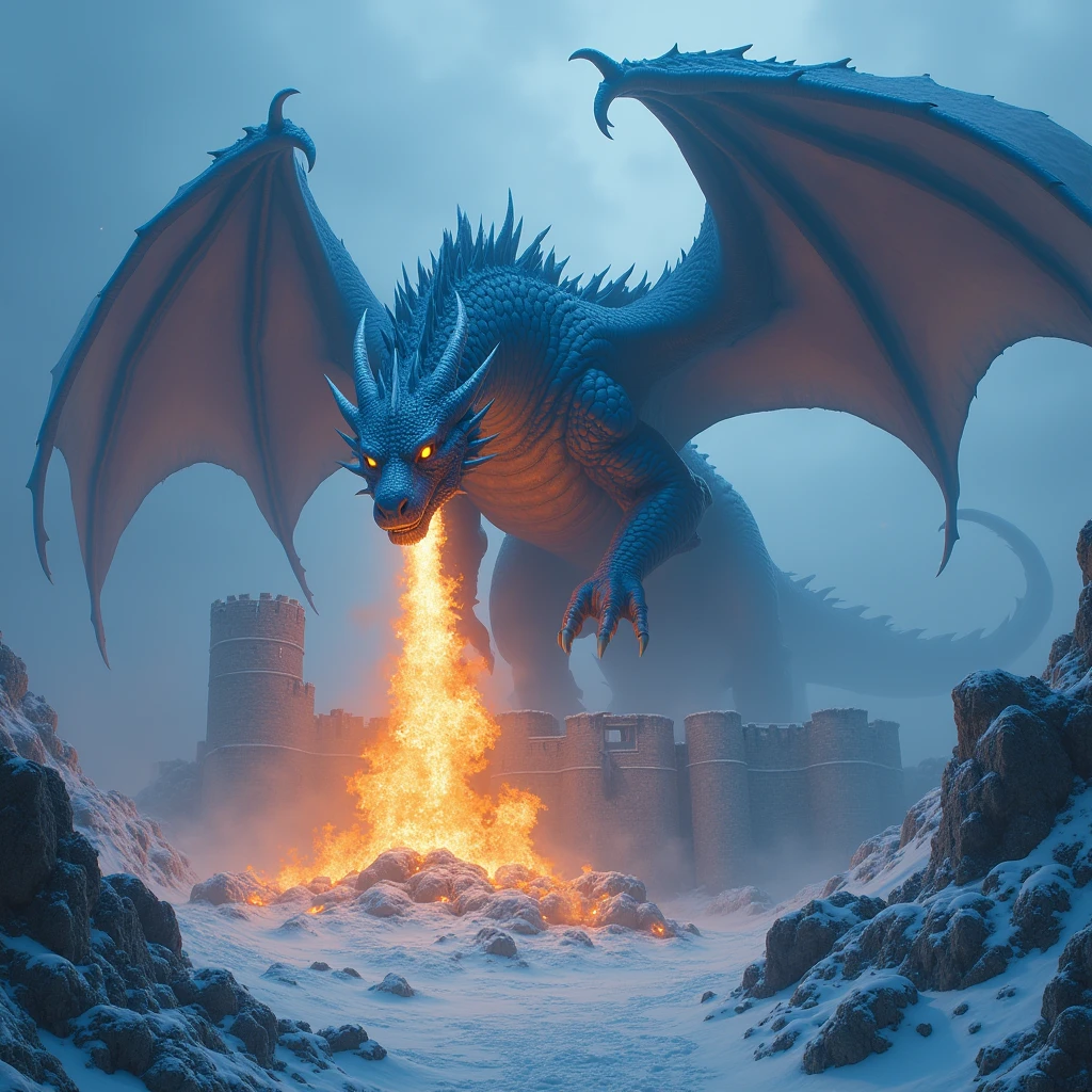 Ice dragon standing on a dead fire dragon that it fought in a half frozen half burning forest