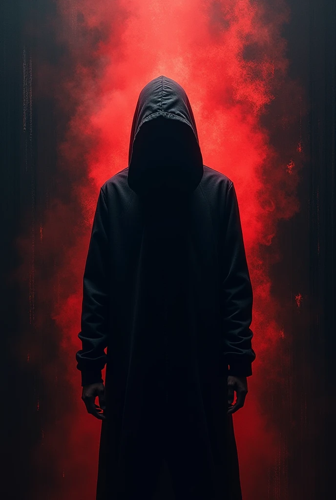 generate me an image of a mysterious person, a person with a face but a man with a hood and a red and black color combination