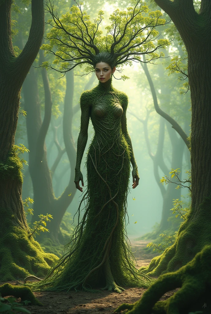 Leave behind the traditional spirit form and adopt an appearance that combines humanoid and tree elements.. Its skin is interlaced with living bark, and her hair is made up of leaves and flowers that change according to the seasons. Her eyes glow with an intense green light, like living emeralds.
Elven Presence: His figure is tall and stylized, as a forest entity. Their limbs are adorned with small branches and vines that move subtly as if they were an extension of their own body..
Aura Natural: Sylfendrén exudes a scent of damp earth and fresh flowers., and his presence is always accompanied by small animals and birds that follow him wherever he goes..