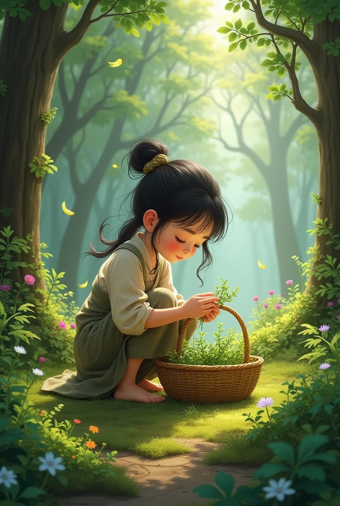 A child makes incense sticks in a beautiful environment