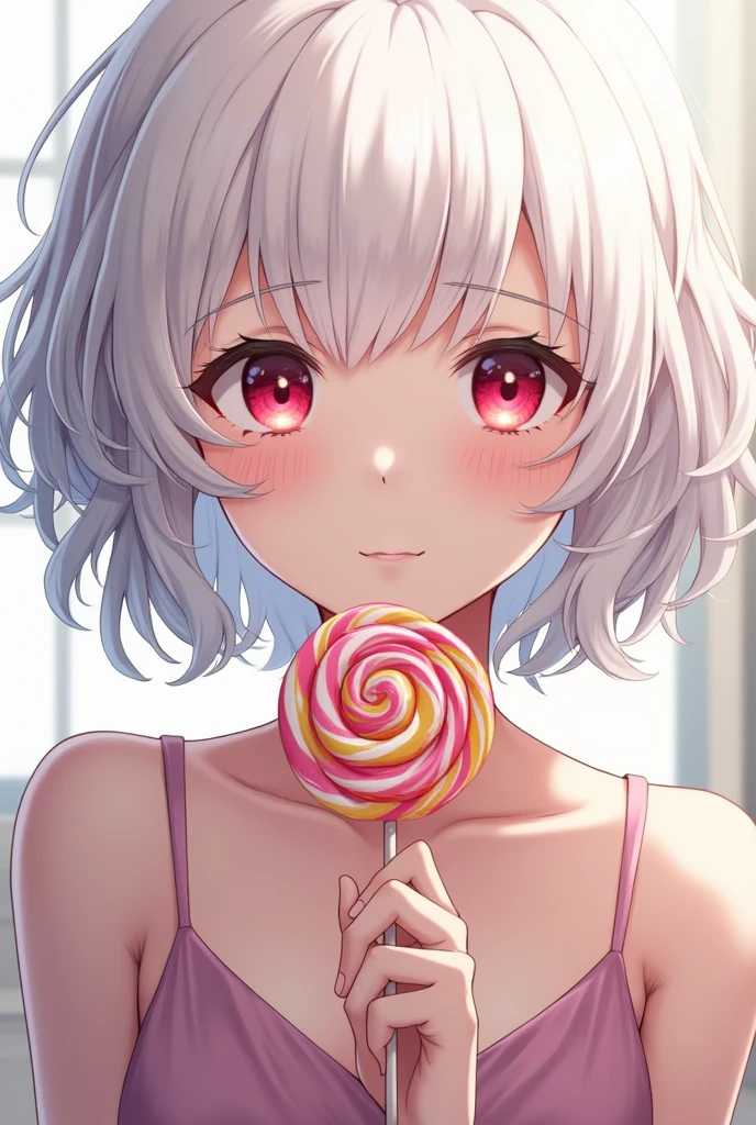 Anime dark skin woman, cotton candy-like hair, ember colored-eyes