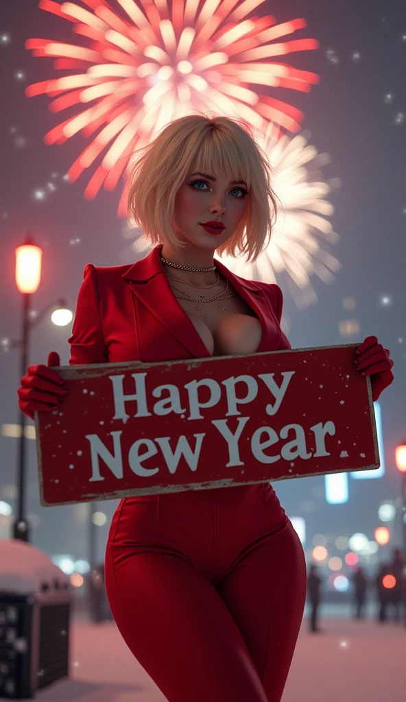 photo realistic. front view. full body. christmas Hot provocative voluptuous SMILING female "SQUID GAME GIRL, FROM THE SQUID GAME TV SHOW, she HAS short punk BLOND hair, wearing RED provocative suit. standing in an PROVOCATIVE. She is holding with both hands a sign with the text "HAPPY NEW YEAR". in a NIGHT SNOWING CITY. FIREWORKS BACKGROUND. epic composition.