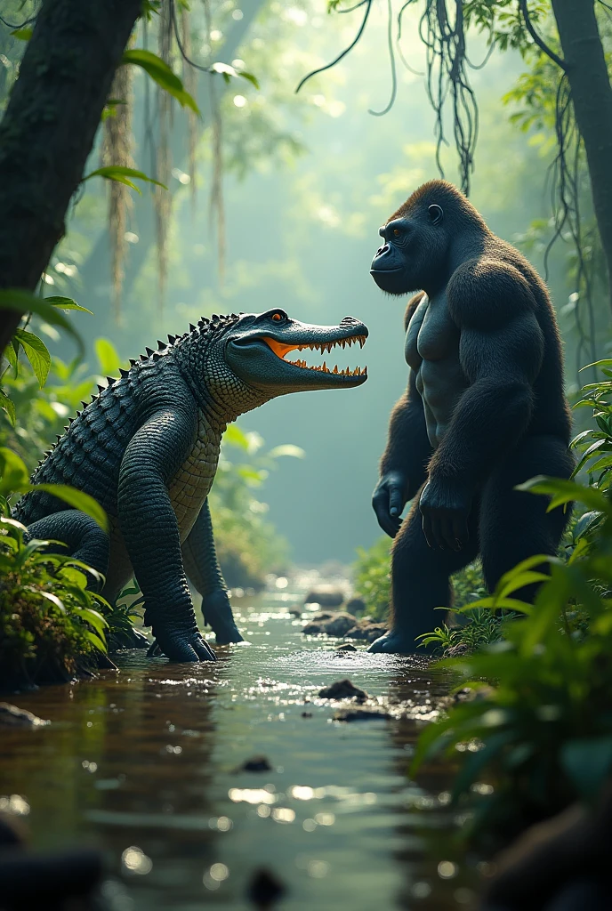 (Lara Croft, large breasts, light blue bikini, nips, cameltoe) full body, seductive smile, standing beside one huge male furry gorilla with gorilla penis in ancient ruins in the jungle
