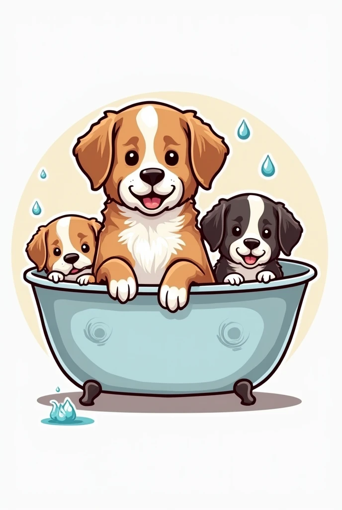 Act as a designer and create a logo for a Dog Groomer with the name Happy Pet and add real dogs to it, a bathtub and drops of water and design it friendly and fun , You can use a rounded typeface to convey warmth .