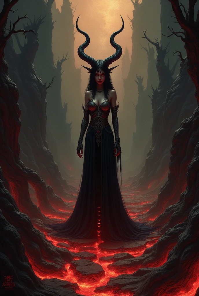 Goddess you of the Scorpion Abyss, master of shadows and hidden secrets. She rules transformation and rebirth, testing hearts with trials of power and loyalty. With horns shaped like scorpion stingers black eyes. Red and black and fire
