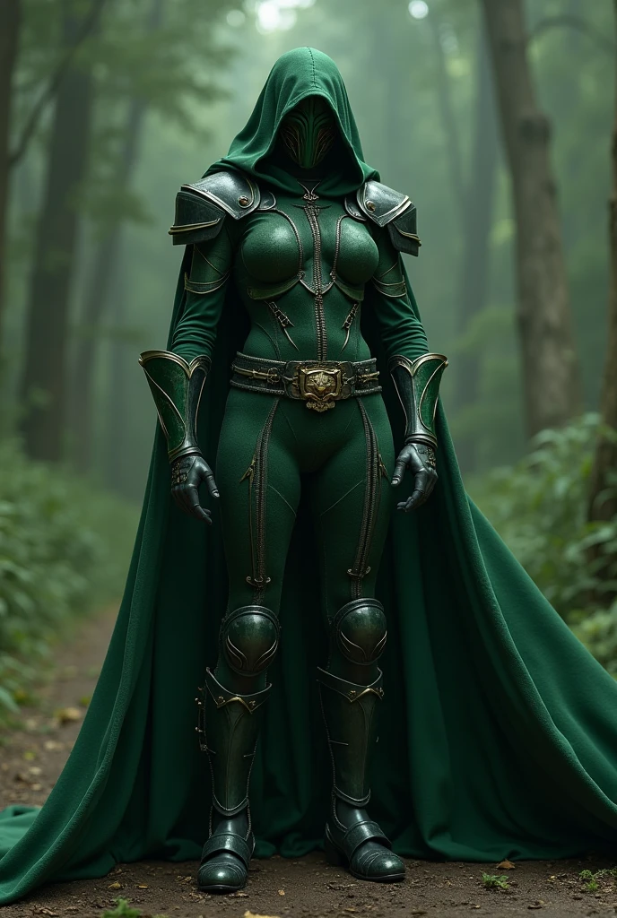 (Dr Doom), ((perfect :1.2,realistic:1.3,RAW Photography:1.3,masterpiece、highest quality、Ultra - High resolution、High resolution、Highly detailed CG、8K)), This artwork should be hyper-realistic, capturing every detail with stunning clarity, image of a Dark age green female plague doctor, Full body, very detailed armor, plague doctor mask,The outfit should be alluring ,overly revealing, unzipped:1.2, ((costume is unzipped )), narrow waist, wide , slender body, thigh gap, skinny, (sweat:1.2),
