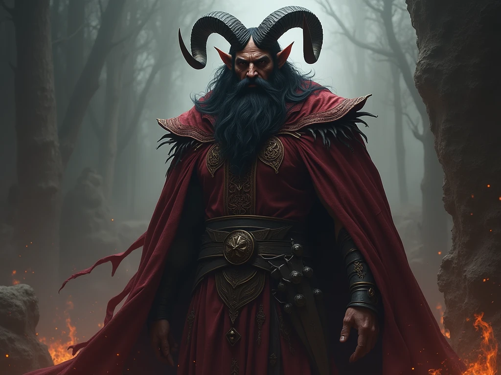 male demon with ram horns, black long hair and black beard wearing maroon clothing