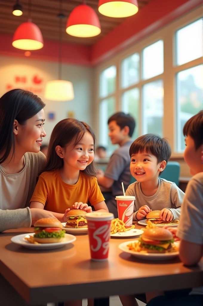 Create me a moment to consume a family meal, fast food products
