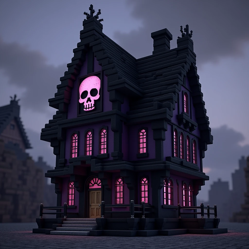 I want you to make a dark purple Minecraft housing with a few details in black and I want you to draw a skull on the belly of the housing in black