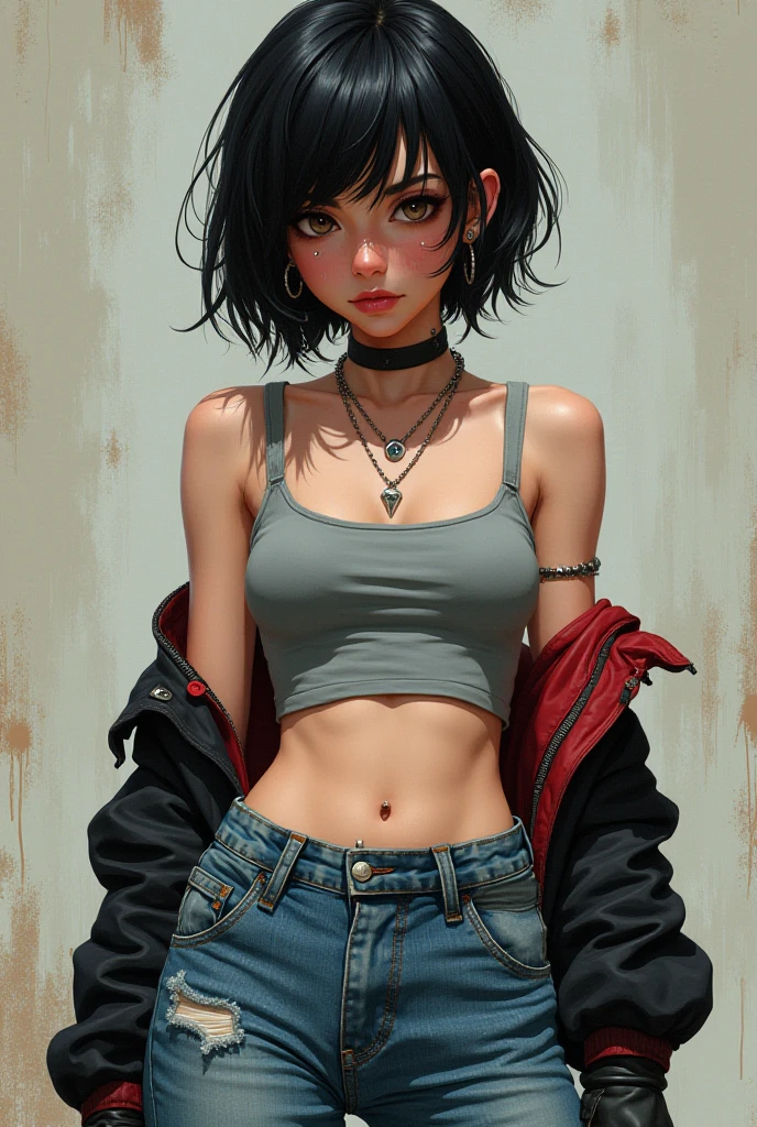 white  shirt, black skirt, a necklace