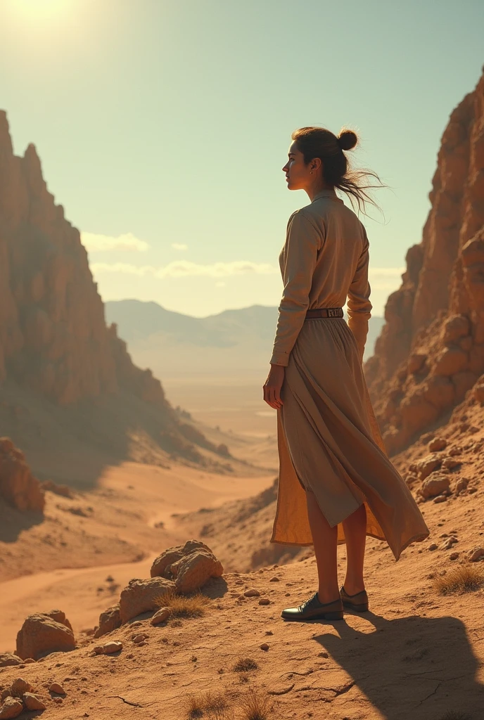 Create a real image of a woman thinking about an arid terrain
