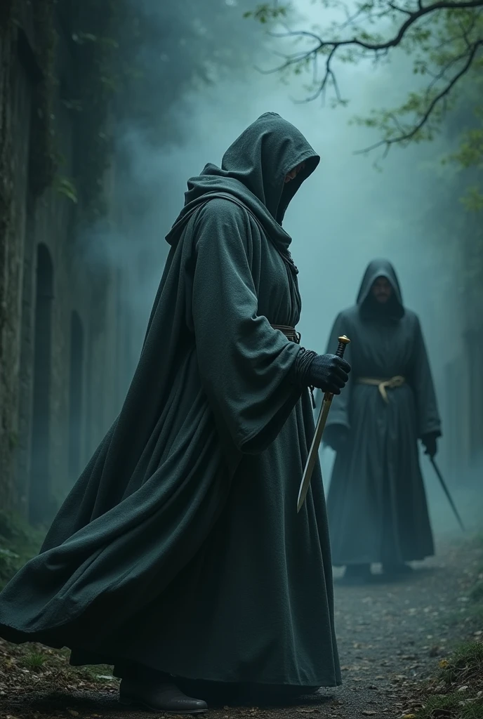 A wizard wearing gray clothes conjuring a magic , while a man emerges from the shadows behind his back with a dagger to assassinate him. mystery, terror, game of trhones. A wizard killer . Emerging in the shadows behind the wizard's back. epic scene.