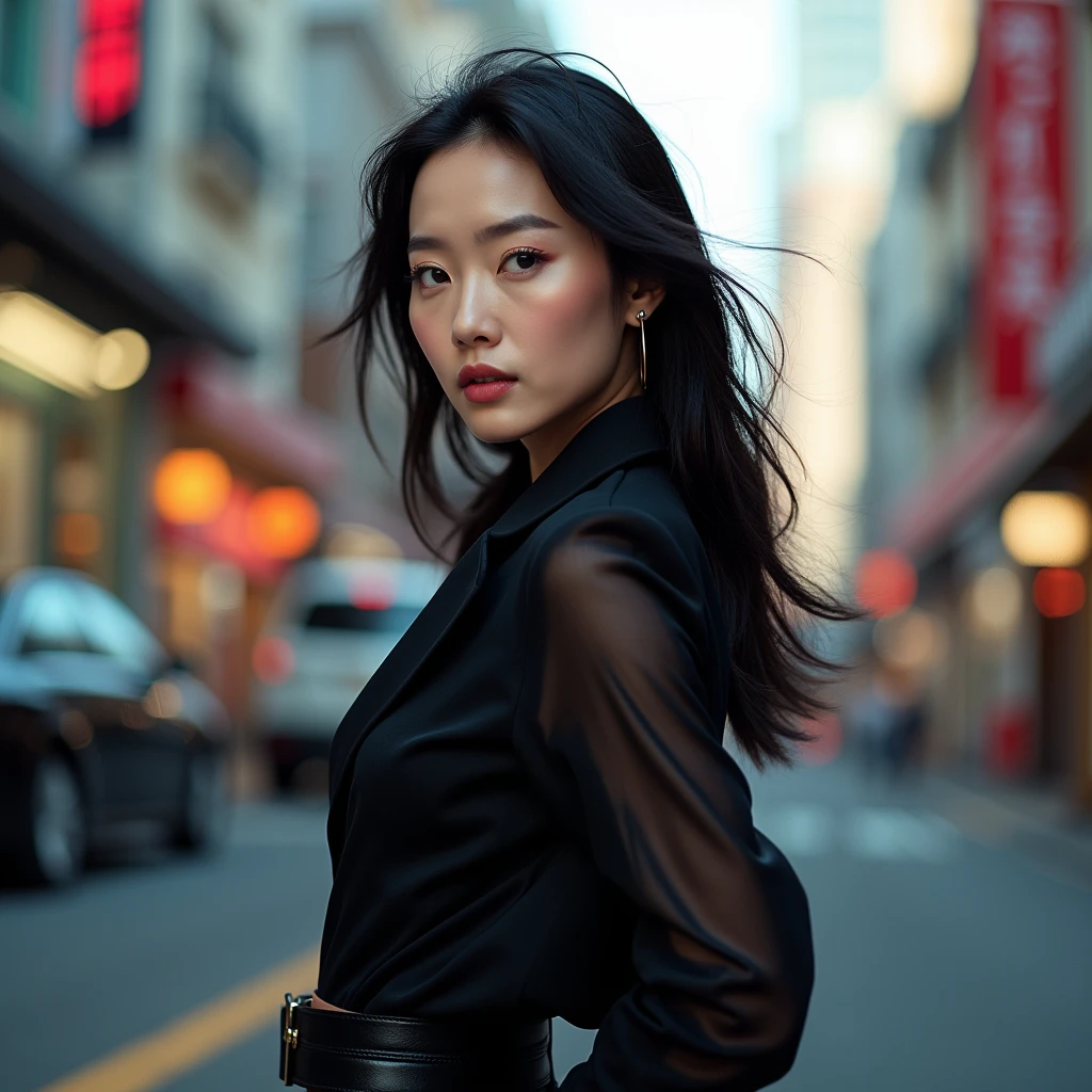 Korean actress Seo Yea-ji face, cool clothes, give really cool pose, background city