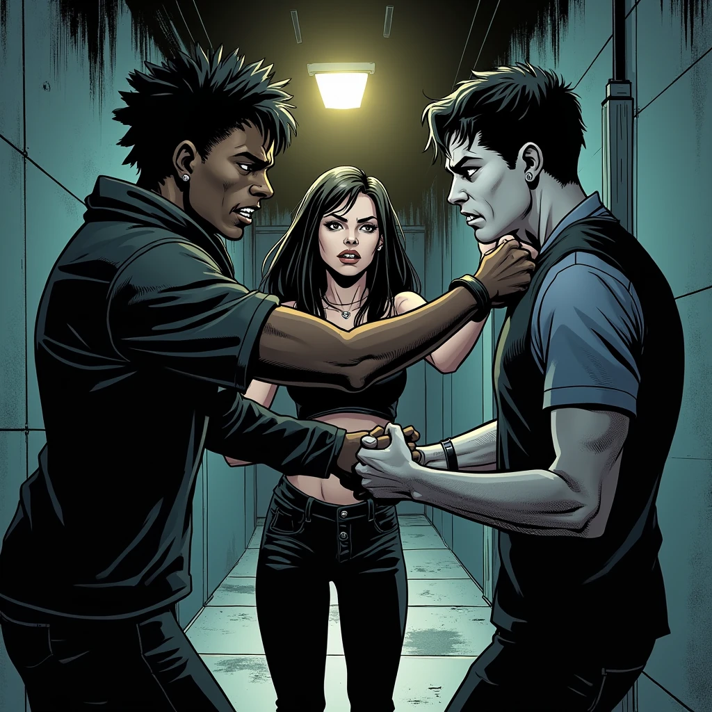 Create in a comic book style a dramatic and emotionally charged image featuring Shawn, Faith, and Kenneth in a heated confrontation. Shawn, a young Black man with dark hair and a determined expression, is gripping Kenneth by the collar of his shirt with one hand. His other hand is raised into a fist, his body tensed with anger, as if preparing to strike. Kenneth, a pale young man with a gothic appearance, including black makeup around his eyes, multiple earrings, and a discreet lip piercing, looks defiant yet slightly taken aback. His expression is a mix of rebellion and fear.
Faith, a young white woman with soft features and a worried expression, stands between them, desperately trying to de-escalate the situation. She is holding onto Shawn's raised arm with both hands, her face filled with urgency and concern, as she pleads with him to stop. Her posture shows determination despite the tense situation.
The setting is a dimly lit, urban alleyway or enclosed space, with the surrounding atmosphere amplifying the intensity of the moment. Shadows cast by a nearby light create dramatic contrasts, highlighting the raw emotions on each character’s face and the tension in their body language. The scene captures the fragile balance between conflict and resolution, with Faith as the pivotal force trying to prevent .