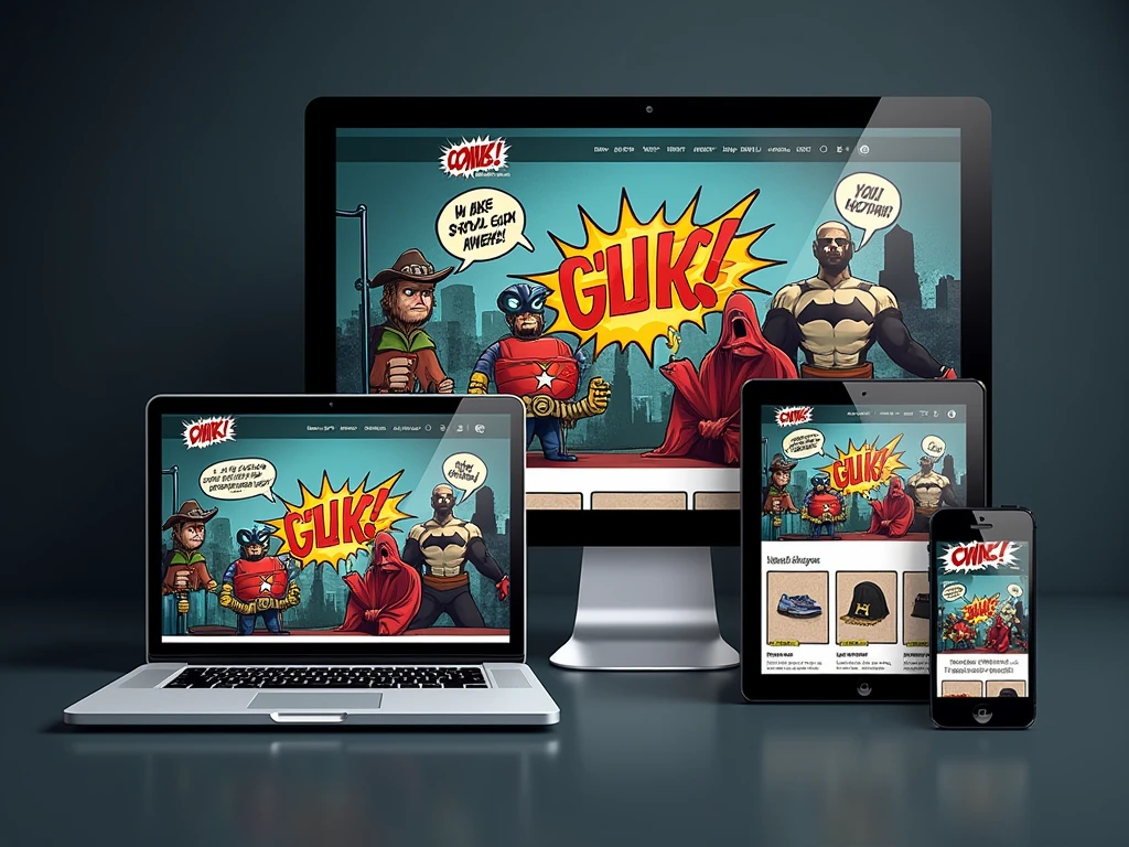 Comic book art-style A WordPress e-commerce site displayed on a laptop, tablet, and smartphone to highlight responsive design.. with a dark background