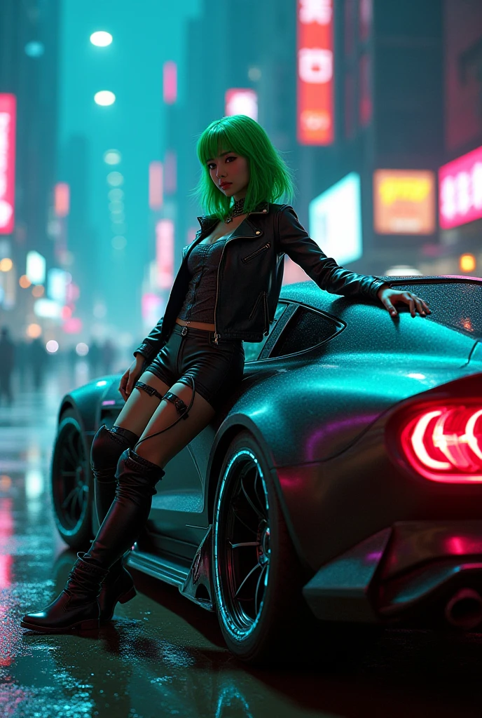 cyberpunk drag racer, asian woman with green hair, leaning against glowing cyberpunk car