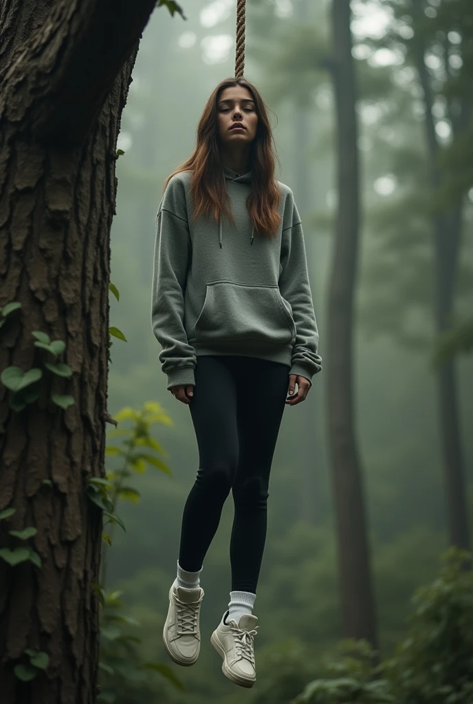 dead lifeless murdered body of small petite young attractive beautiful youthful pretty teenage brunette popular athletic girl volleyball player with long brunette hair wearing a hoodie and white sneakers and white socks over her small comfortable spandex black leggings hanging on high tree branch with rope around her neck suspended in air suffocated to death with her eyes closed in large giant remote forest