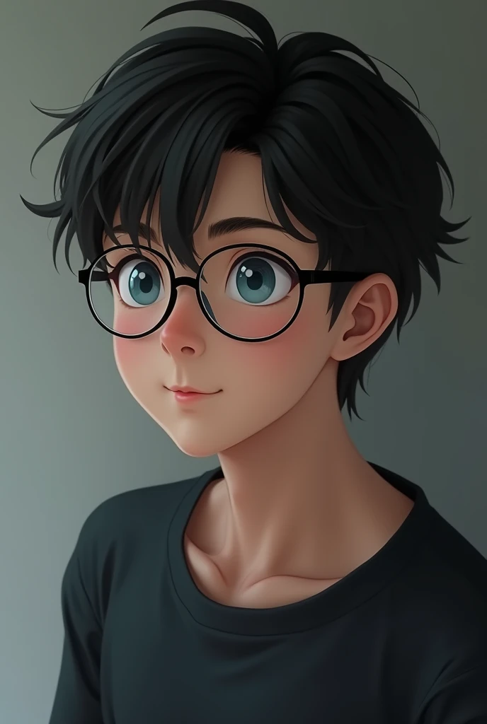 create a male character with black hair, blue eyes, Using round glasses aged 18