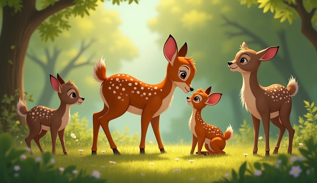 Fawn reunited with its mother
"A joyful reunion scene of the fawn being reunited with its grateful mother, with Timmy watching happily in the background, surrounded by the animals who helped care for the fawn."