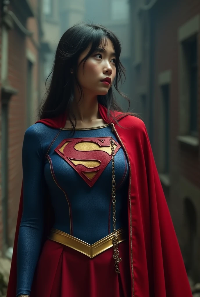 live action、( stabbed in the and died , Supergirl is a cute Japanese person in her 20s :1.5) , Expression of deep pain , I have a scar on my , dramatic, dramatic tragedy , blood is spewing out of the wound , Stabbed in the and died , Stabbed in the , , Blood stained , blood is spewing out of the wound 、 Supergirl is a blue leotard 、 costume belly and torn 、 Shoulder Costume 、 emblem with S on 、 Red Long Boots 、 red skirt 、 red cloak、( Supergirl has a cute Japanese )、、Tool full body 、 Long Hit 、Confused、 I'm putting up with the pain 、 his hands are being held behind his back、 Supergirl has marks of her being cut with a sword {x} Her legs and torso are wrapped round and round with thick steel chains、