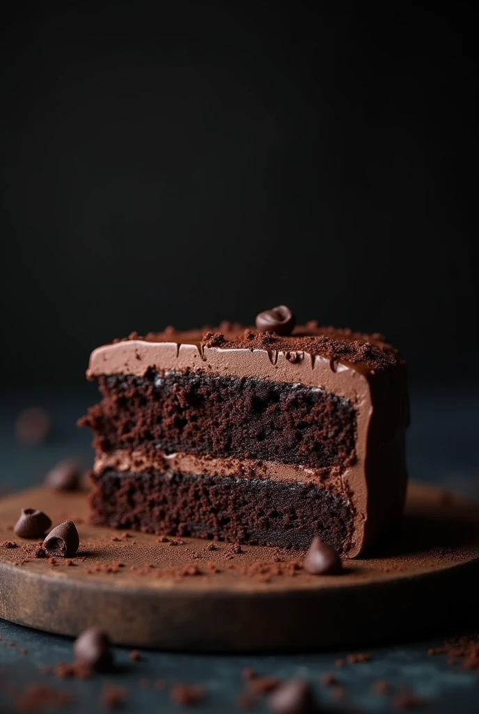 cinematic film still chocolate, chocolate cake, dark background, quality photo, moist texture, frosting, studio photo, slice . shallow depth of field, vignette, highly detailed, high budget, bokeh, cinemascope, moody, epic, gorgeous, film grain, grainy