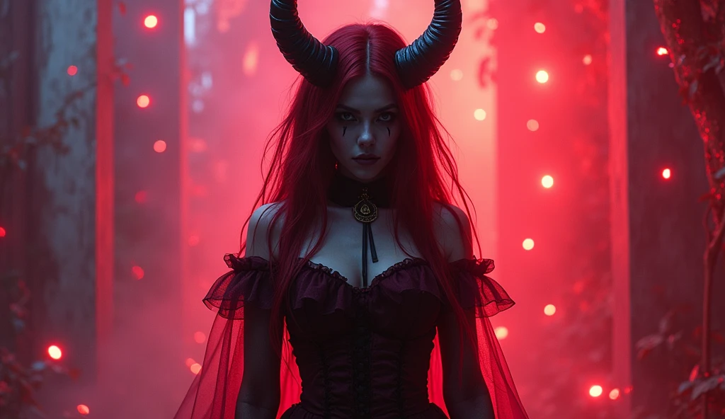 ((blood, dismemberment, disgust)), girl, (the pentagram), curved demonic horns, gothic dress, (red tone, fire in the background), slate atmosphere, cinematic, dimmed colors, dark shot, muted colors, film grainy, lut, spooky