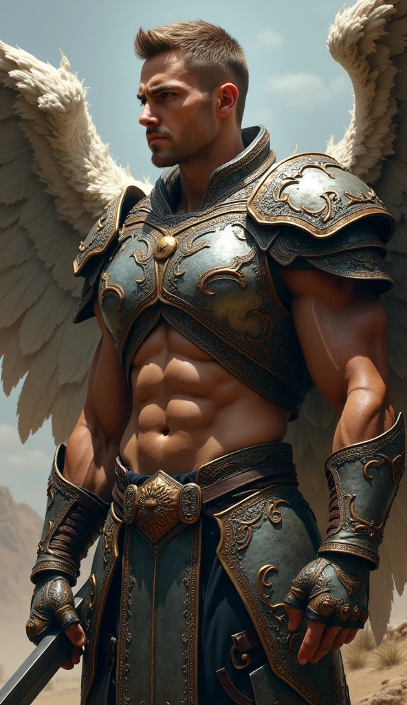 A short-haired, muscular man wearing leather armor with a full frontal view、Highest quality、With arms outstretched on the battlefield、It has large white wings、Pectoralis major、Abdominal muscles、Big macho man