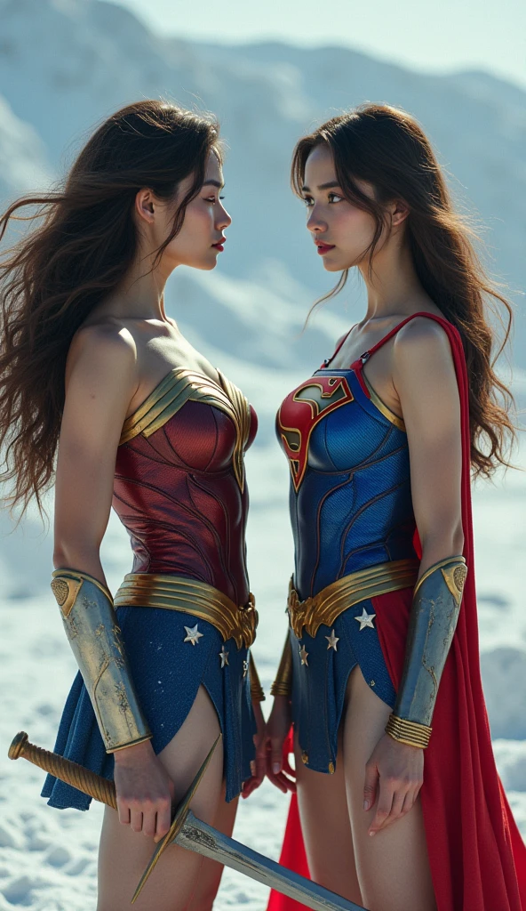 ( wonder woman and Supergirl。 camera with sword and shield 。Laugh with hand on chin。)、実写
On the left is Japanese 、 cute、 wonder woman 。 Brown Hair、masterpiece、 beautiful girl 、 beautiful eyes、 and my eyes are swollen、 Light of Hope 、 top quality 、超 high res、(reality:1.4)、 movie lighting、 very beautiful、 wonder woman cosplay。 very beautiful顔。 Japanese 、10th Generation、 Beautiful White Skin 、(Surreal)、( high res)、(8k)、( very detailed)、( sitting in front of you )、( very detailed)、The real-life right-hand person is a Japanese Supergirl.、{((( cute、 cute:1.5)))、,( PERFECT SUPERGIRL COSTUME、 blue leotard 、 red skirt )、 high res, 最 high image quality, anatomically accurate , masterpiece, 超 high res, Textured Skin, high image quality, high resモデル, very detailed, Sony FE GM, Sony FE, Nikon, Fujifilm, Japanese 、(((Draw the whole body)))、(((Full body paint)))、(((Snowfield)))、(((剣と盾付き:1.8))),(((smile)))}、One knee、The costume is broken:1.4、The sword is broken、 shield is broken, and the , and
